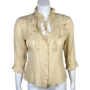 Boston Proper 100% Silk Button Up Blouse Women Size 6 Ruffles 3/4 Sleeves